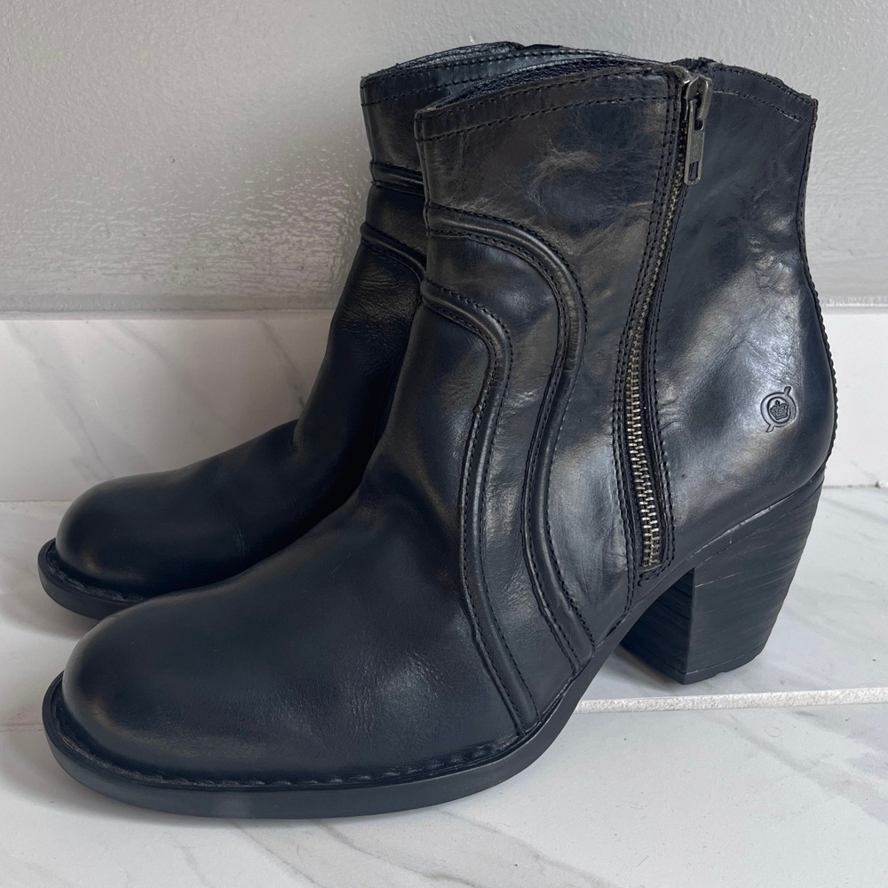 Born Womens Anny Black Leather Ankle Boots Side Zip Block Heel Size 10 M